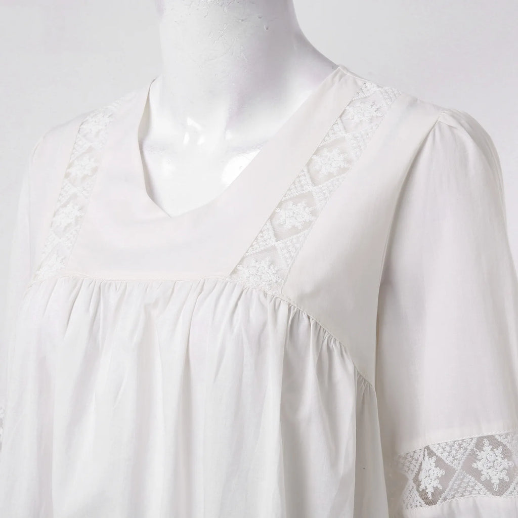 Bohemian White Flowy V-Neck Dress with Crochet Lace Paneling