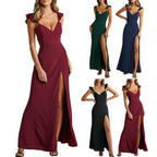 Ruched Sleeveless Maxi Dress With Deep Neckline And Front Slit