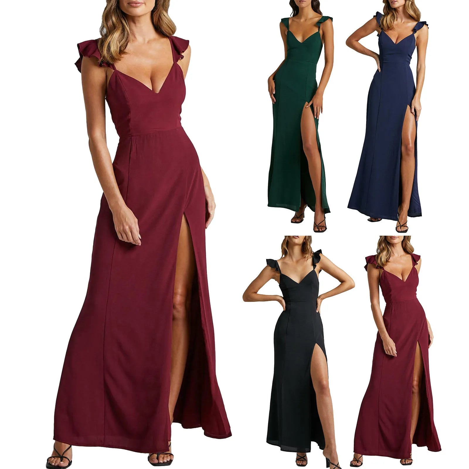 Ruched Sleeveless Maxi Dress With Deep Neckline And Front Slit