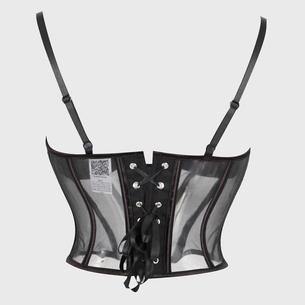 Modern Black Sheer Mesh Bustier with Ruched Cups and Front Hook Closure