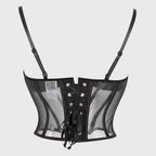 Modern Black Sheer Mesh Bustier with Ruched Cups and Front Hook Closure