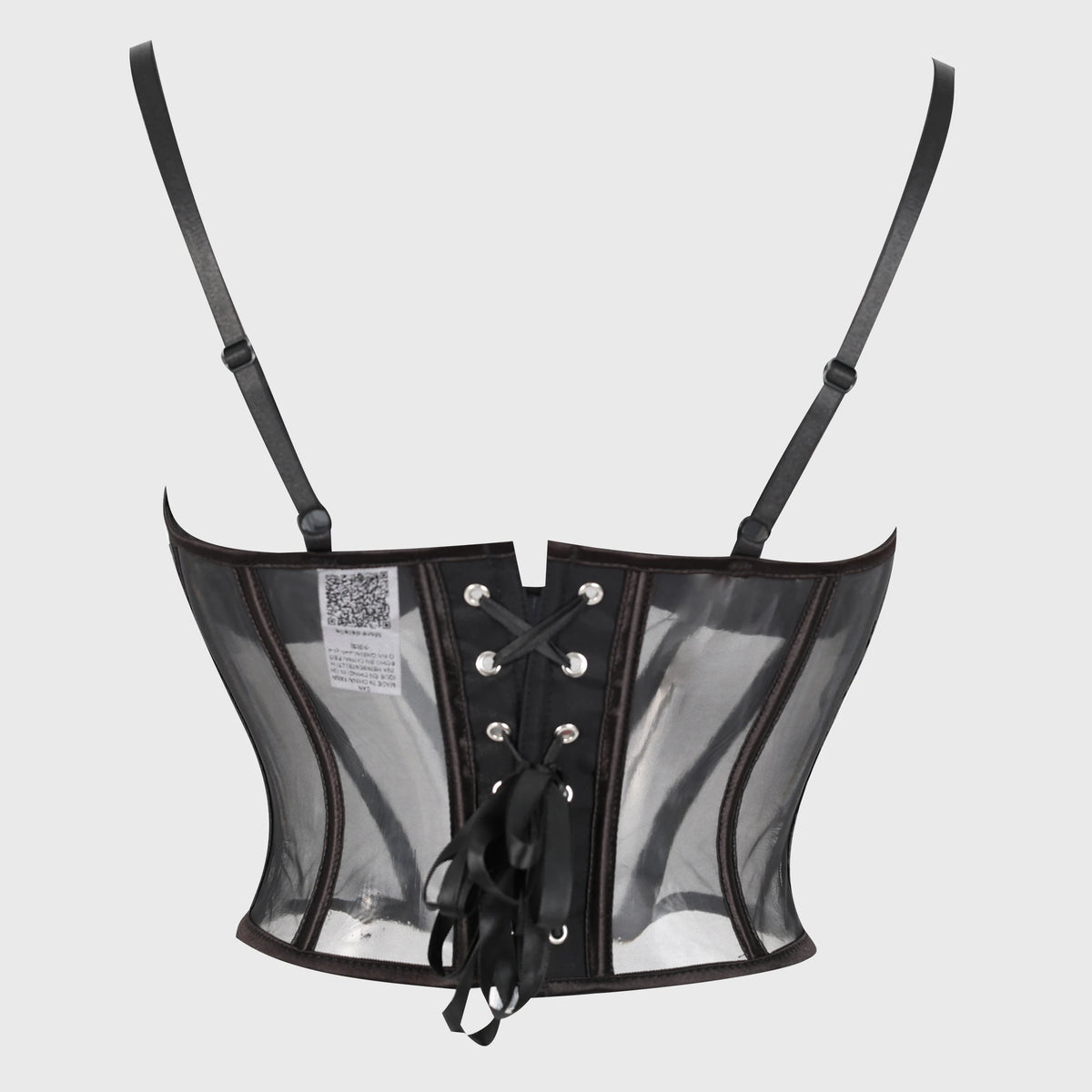 Modern Black Sheer Mesh Bustier with Ruched Cups and Front Hook Closure