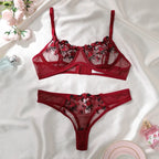 Purple Floral Embroidered Lingerie Set with Detailed Underwire Bra and Matching Brief