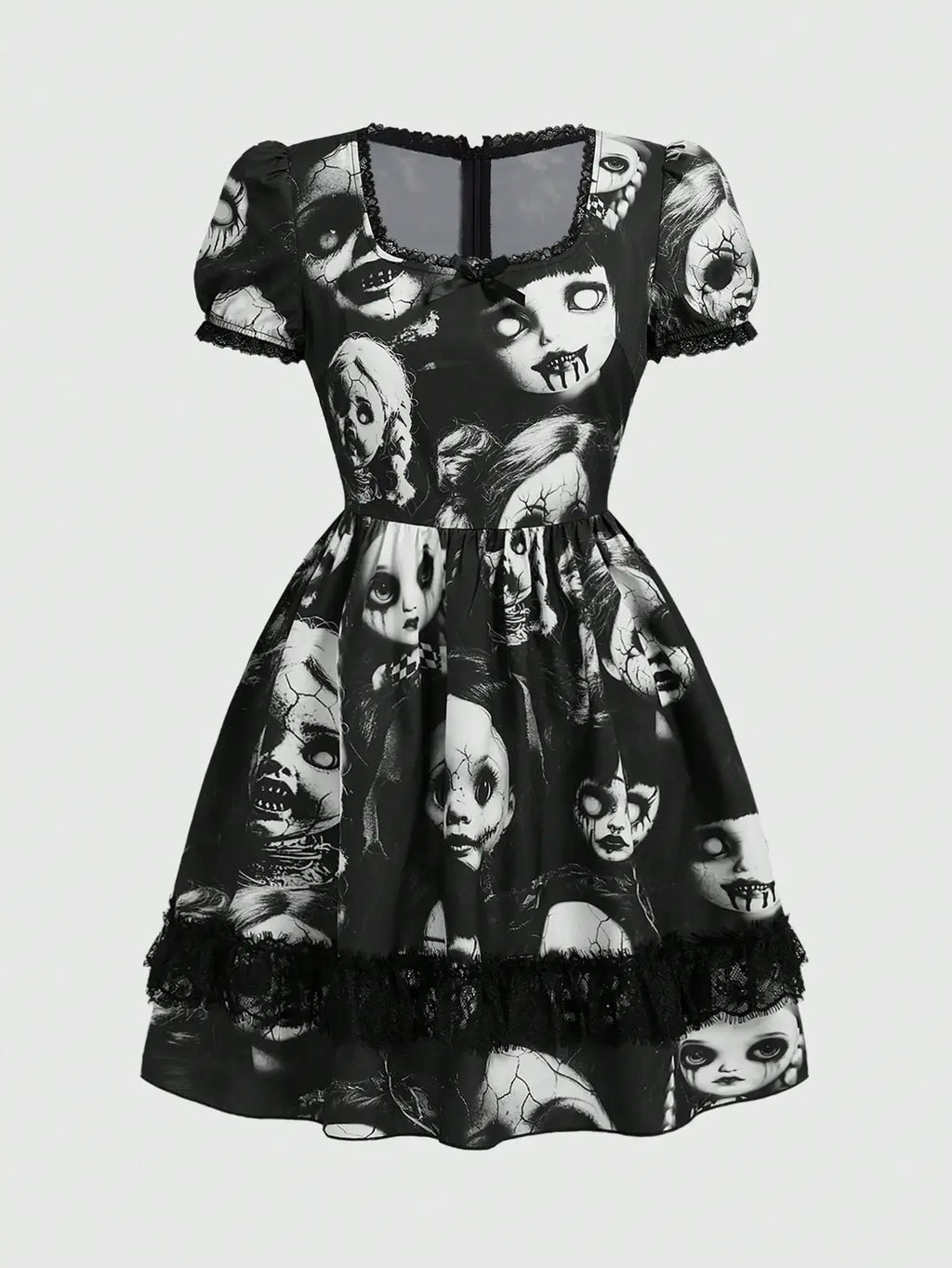 Women's Gothic-Inspired Graphic Print Mini Dress with Lace Patchwork and Puff Sleeves
