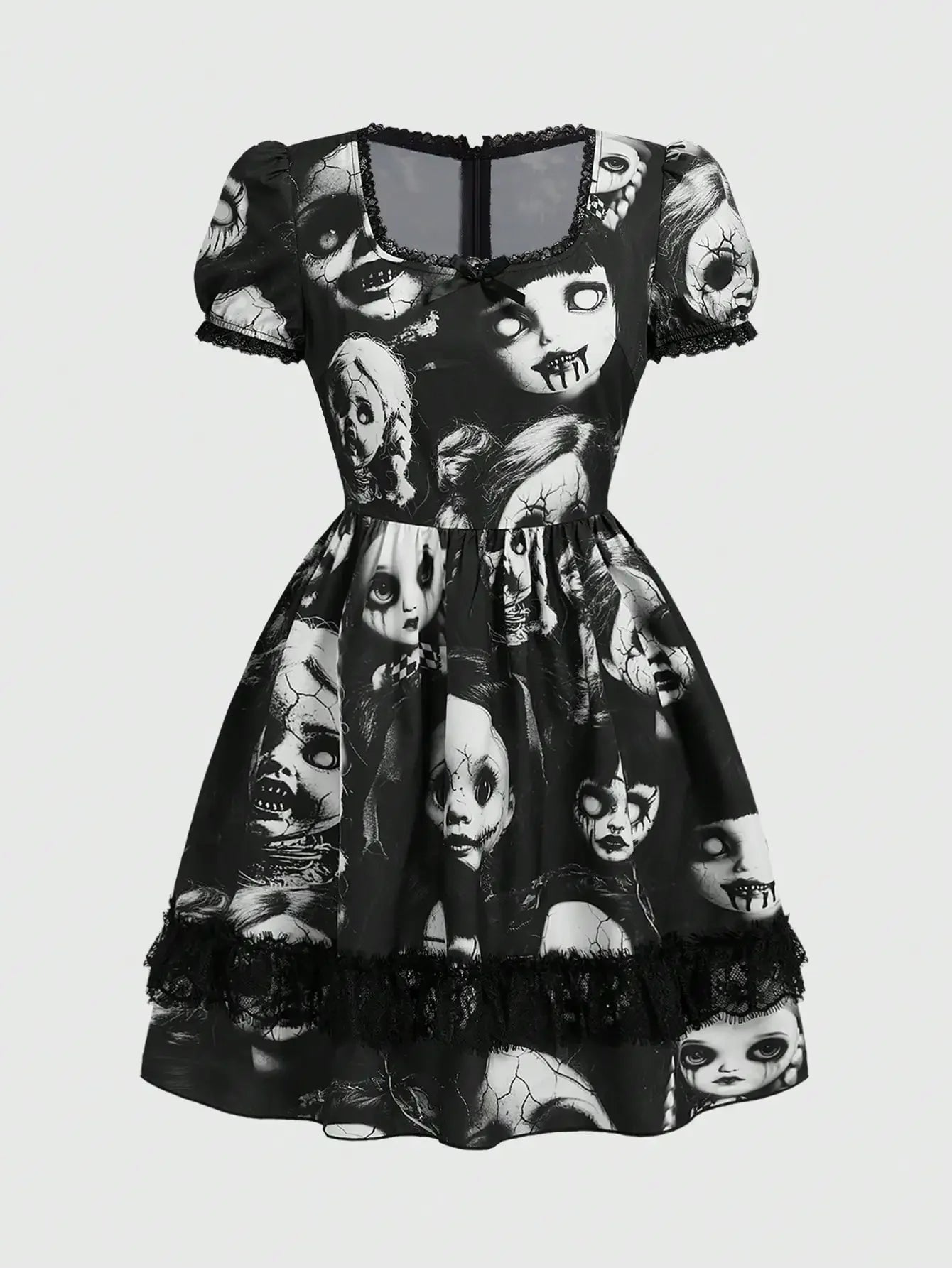 Women's Gothic-Inspired Graphic Print Mini Dress with Lace Patchwork and Puff Sleeves