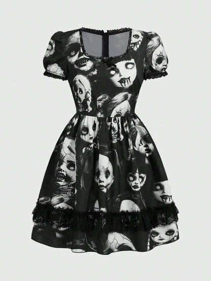 Women's Gothic-Inspired Graphic Print Mini Dress with Lace Patchwork and Puff Sleeves