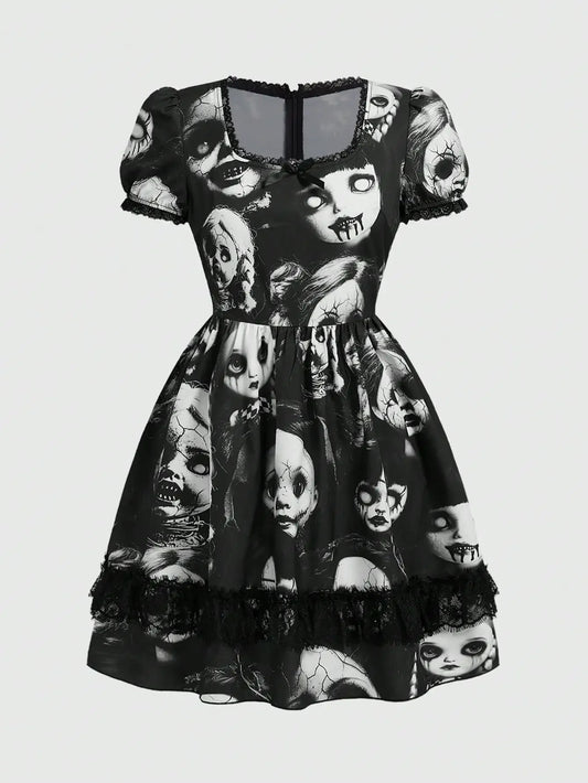 Women's Gothic-Inspired Graphic Print Mini Dress with Lace Patchwork and Puff Sleeves