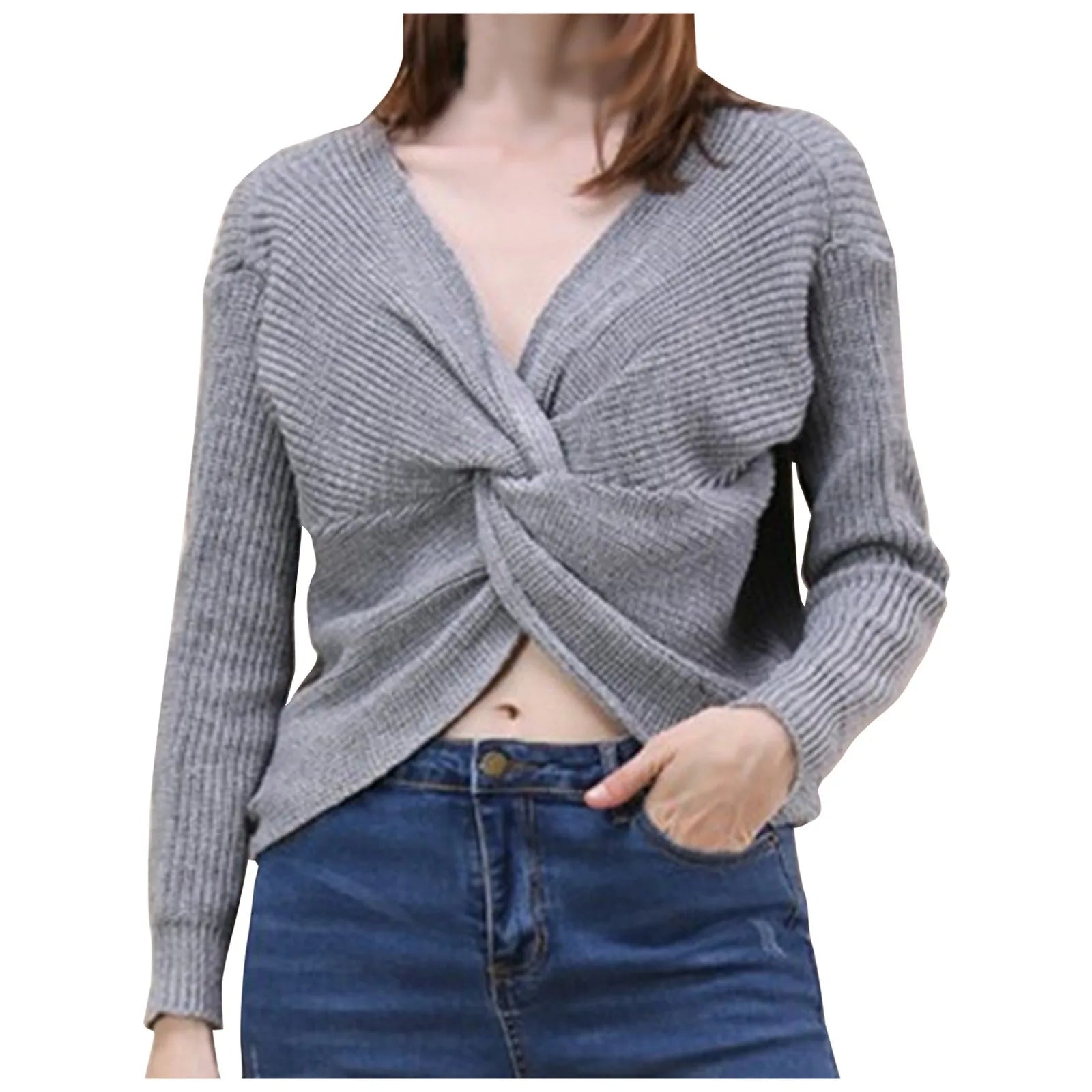 Women's Twisted Front Ribbed Knit Sweater with Cropped Contemporary Silhouette