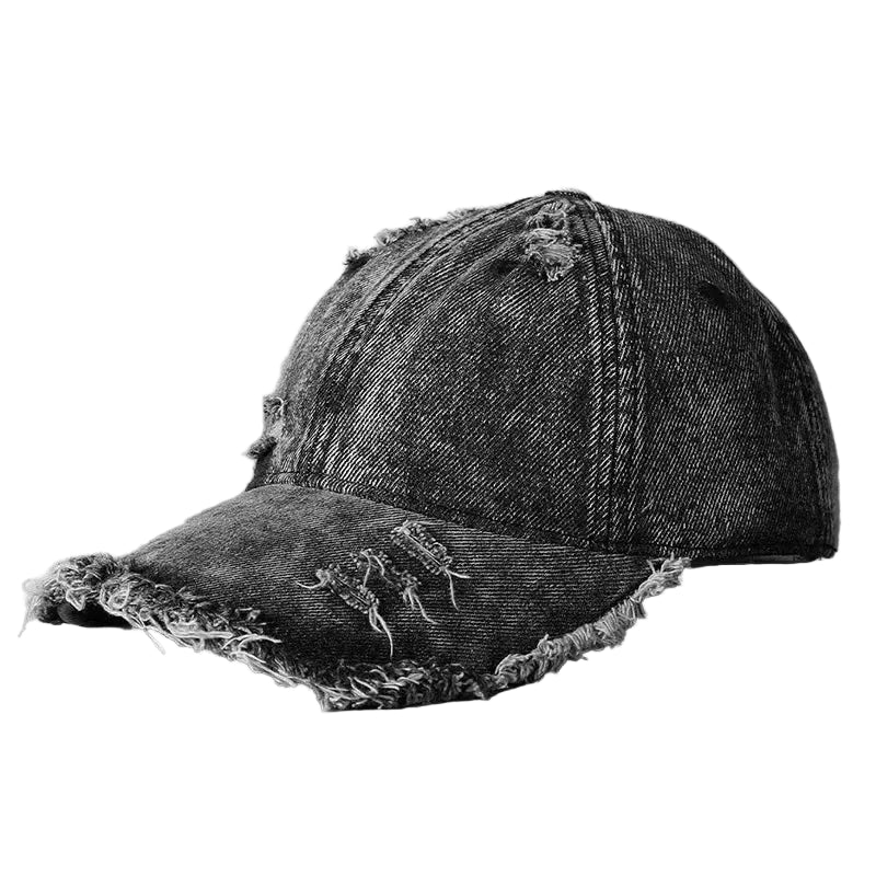 Vintage Washed Denim Baseball Cap with Distressed Frayed Finish for Casual Streetwear Style