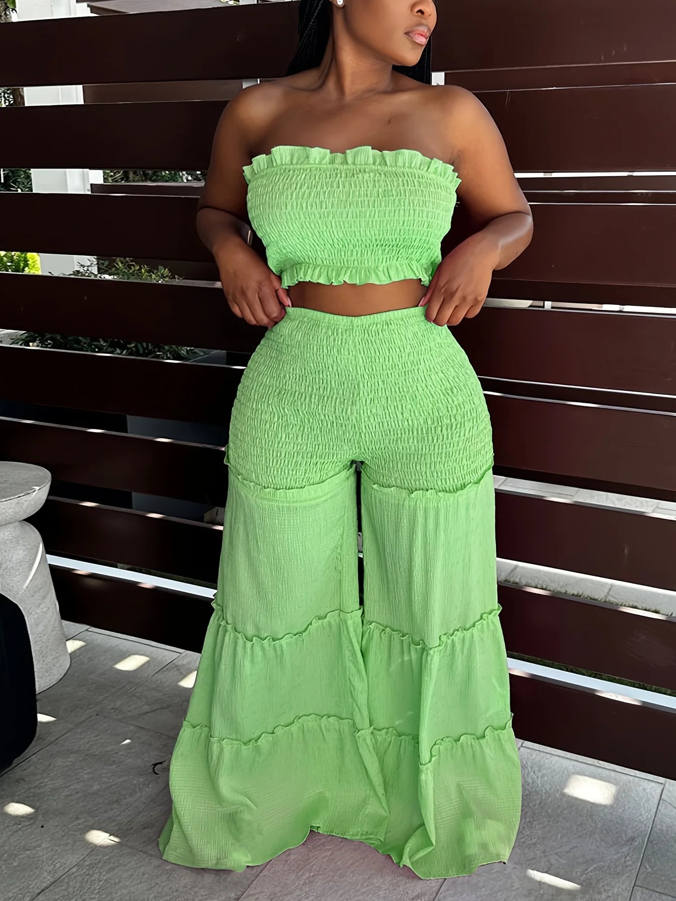 Women's Smocked Tube Top and Wide Leg Pants Co-Ord Set
