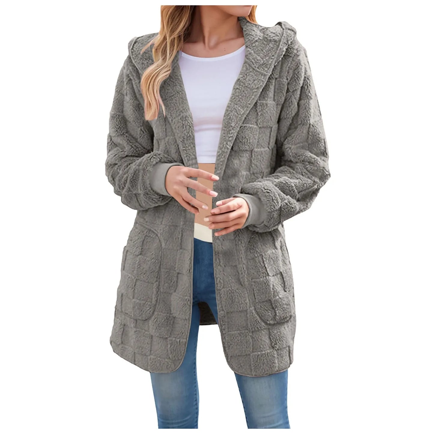 Women's Longline Hooded Plush Fleece Cardigan Jacket for Cozy Everyday Layering