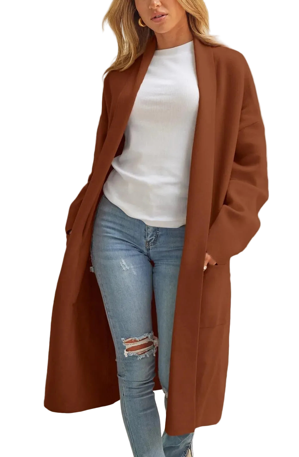 Women's Longline Button Front Knit Cardigan with Lapel Collar and Pocket Detail