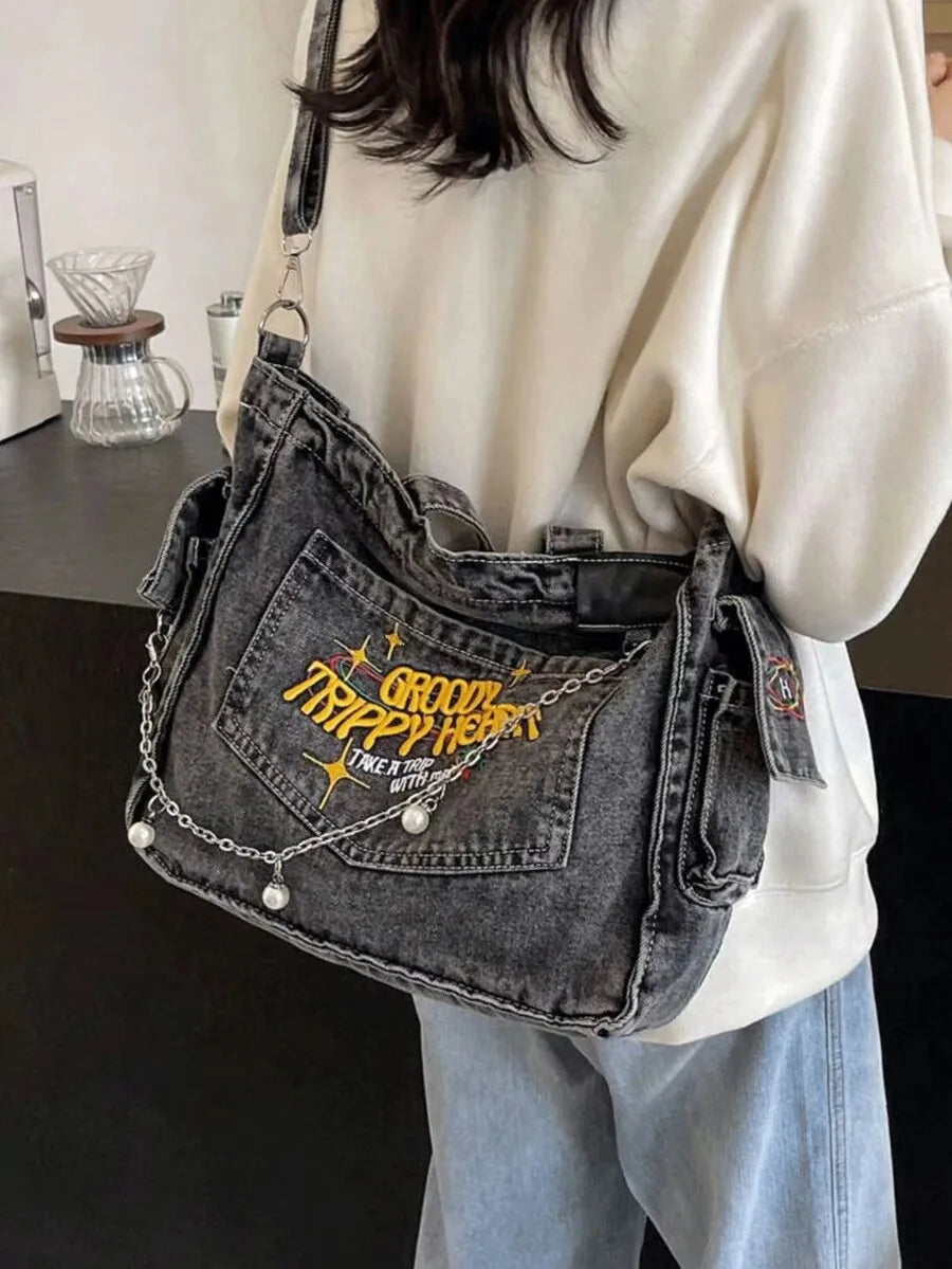 Denim Tote Shoulder Bag with Embroidered Graphic Accent Design