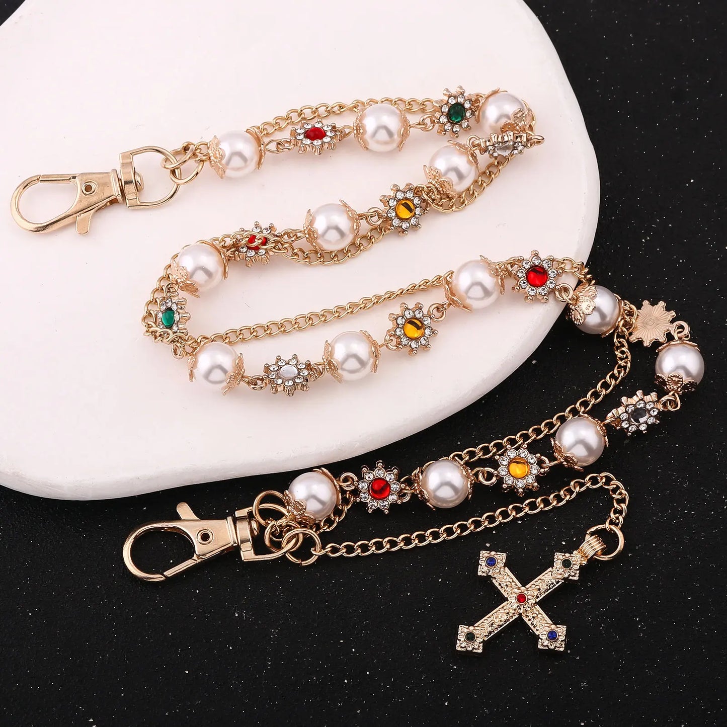 Punk Pearl Trouser Chain with Cross Charm for Alternative Streetwear Styling