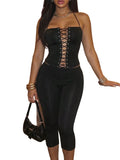 Edgy Two-Piece Lace-Up Corset Top and Fitted Capri Pant Set