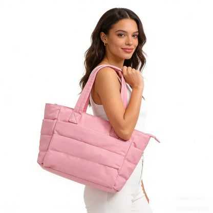 Quilted Cotton Laptop Tote Bag with Multiple Pockets Large Capacity Shoulder Carry