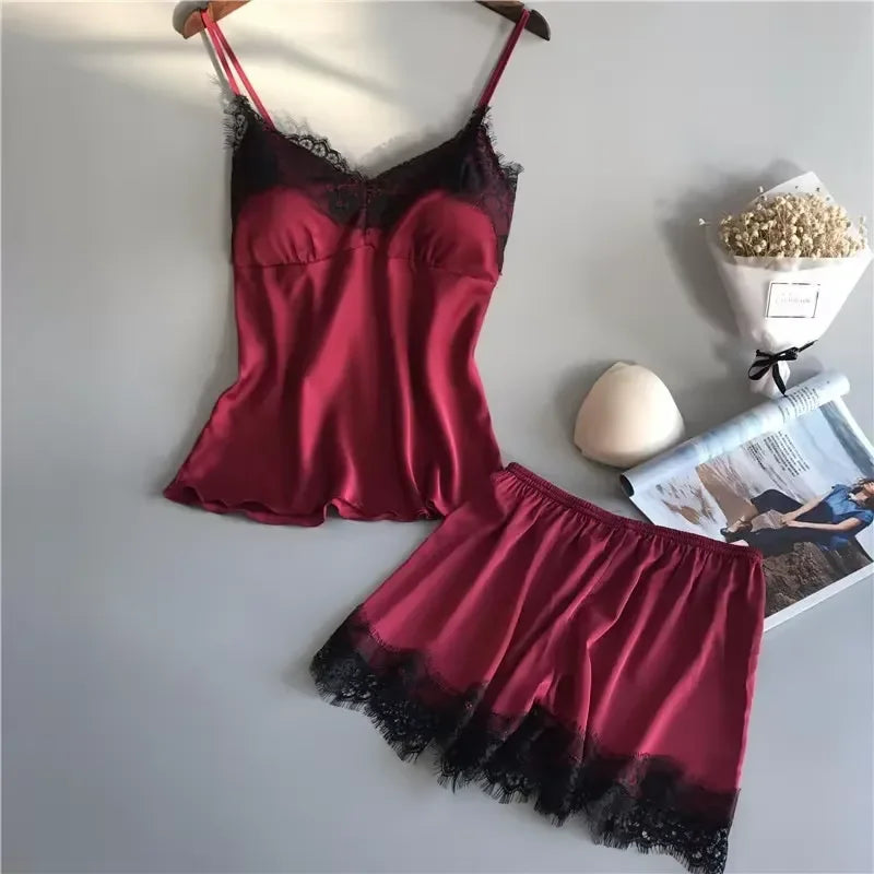 Women's Lace-Trim Satin-Look Pajama Set with V-Neck Camisole Top and Matching Shorts, Sleeveless Two-Piece Nightwear