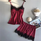Women's Lace-Trim Satin-Look Pajama Set with V-Neck Camisole Top and Matching Shorts, Sleeveless Two-Piece Nightwear
