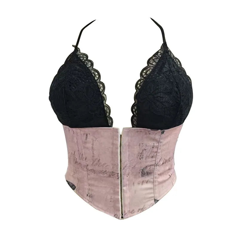 Romantic Blush Pink Satin Corset Top with Black Lace Cups and Front Zipper