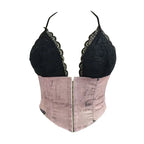 Romantic Blush Pink Satin Corset Top with Black Lace Cups and Front Zipper