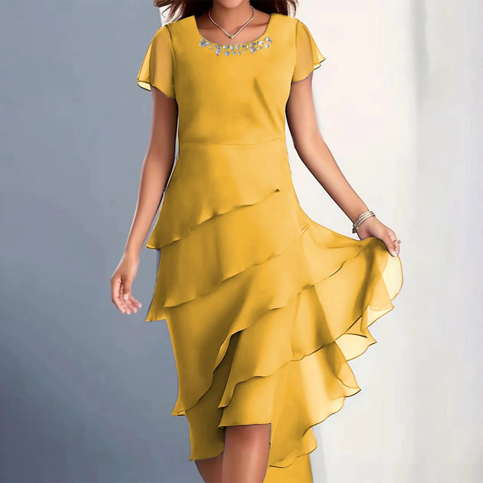 Layered Chiffon Midi Dress with Puff Sleeves and Cascading Ruffle Hem