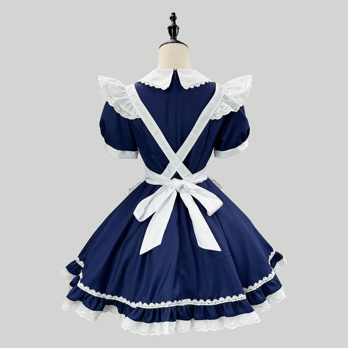 Classic Navy Blue and White Lolita Maid Dress with Ruffled Apron and Puff Sleeves
