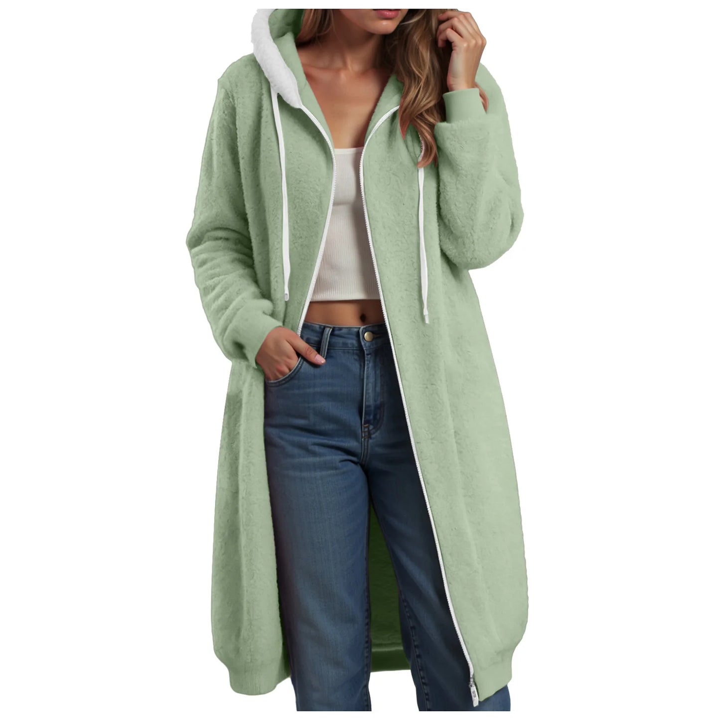 Longline Plush Fleece Hooded Jacket with Relaxed Streetwear Layering Fit