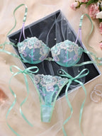 Ethereal Mint Green Underwire Bra and Tie-Side Panty Set with Lavender Embroidery