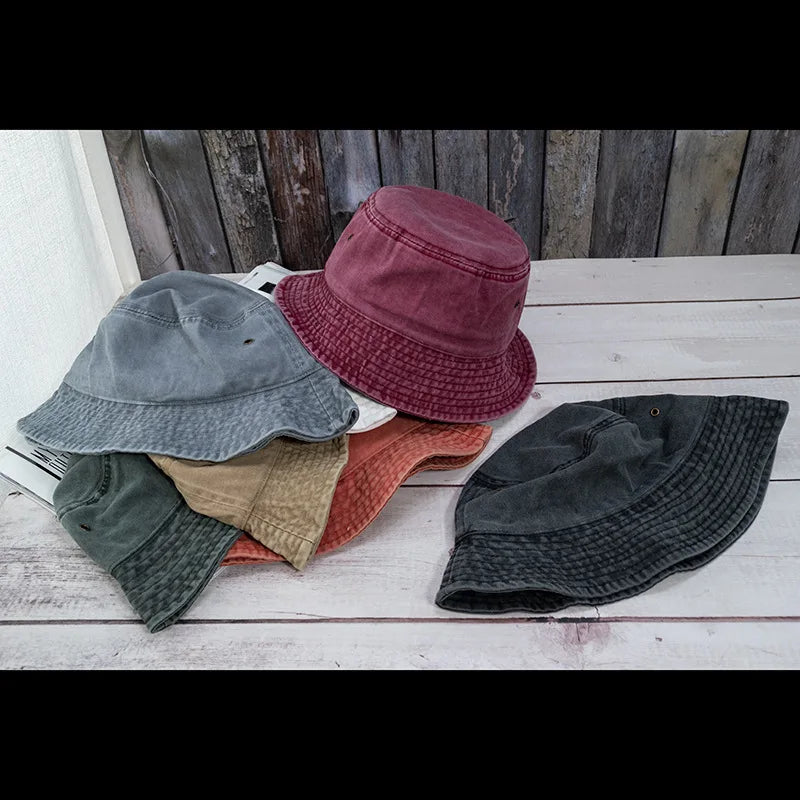 Washed Cotton Bucket Hat Flat Crown Casual Streetwear Outdoor Fisherman Style Hat