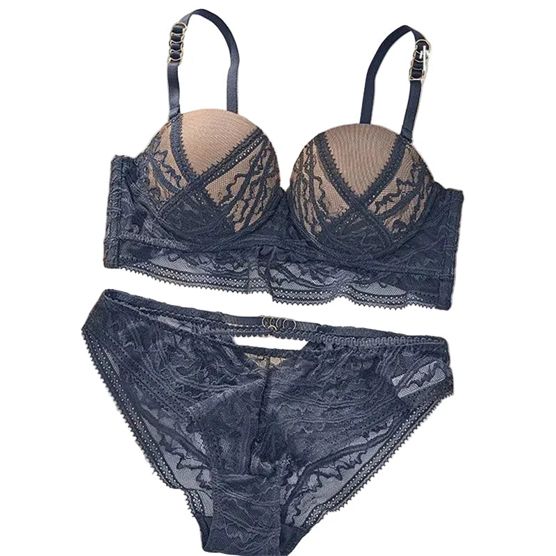 Navy Blue Geometric Strappy Lace Underwire Push-Up Set