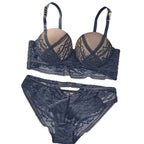 Navy Blue Geometric Strappy Lace Underwire Push-Up Set