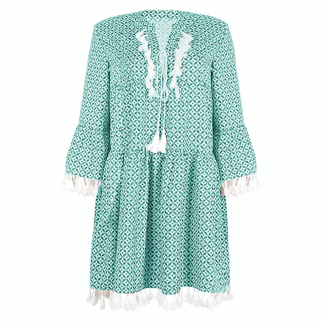 Relaxed Bohemian Tassel-Trimmed Shift Dress in Teal Geometric Print