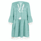 Relaxed Bohemian Tassel-Trimmed Shift Dress in Teal Geometric Print