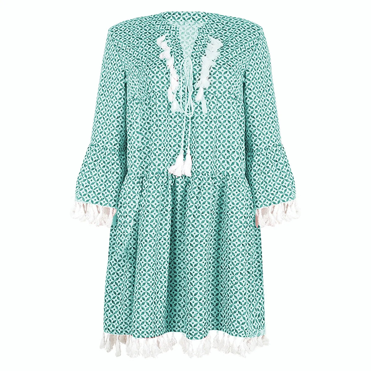 Relaxed Bohemian Tassel-Trimmed Shift Dress in Teal Geometric Print