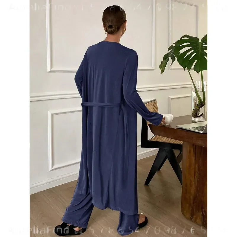 Women's Three-Piece Fall Pajama Set with Sleeveless Camisole, Long-Sleeve Robe and Matching Ankle-Length Pants