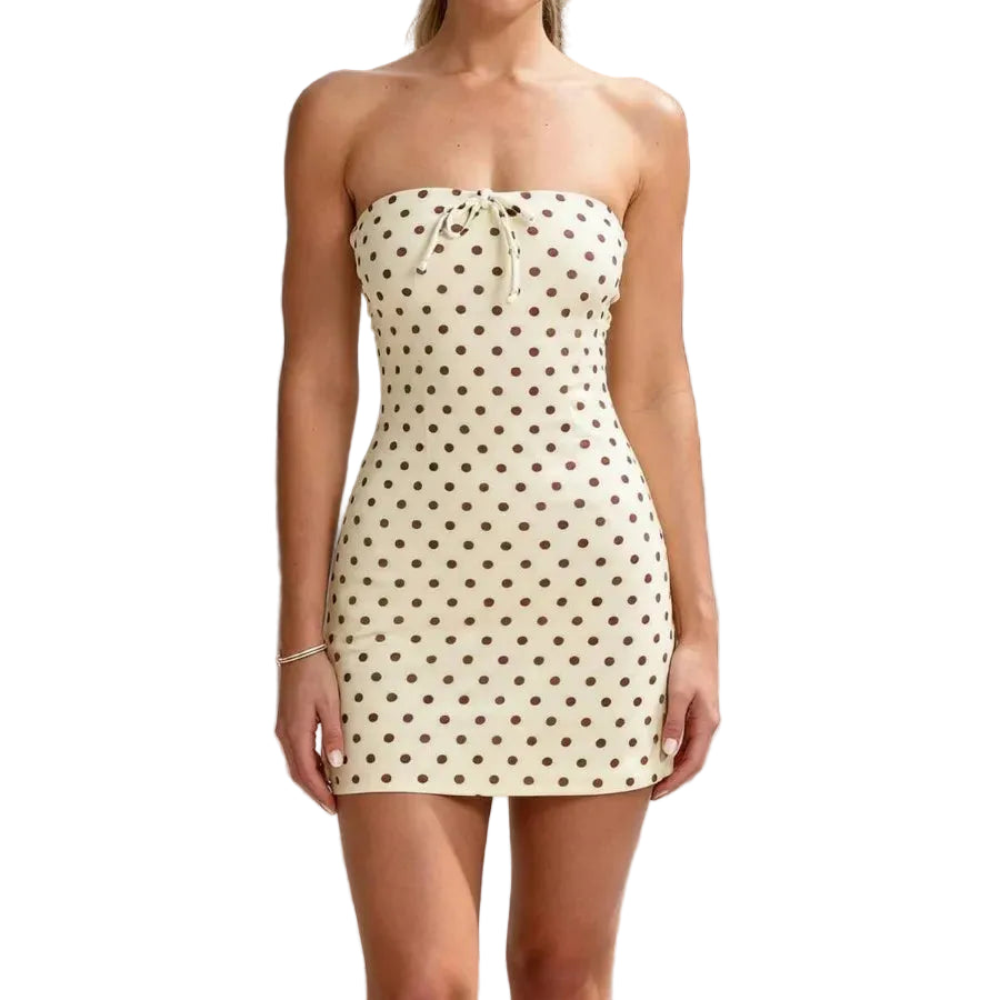 Strapless Polka Dot Mini Dress with Decorative Bow and Fitted Silhouette