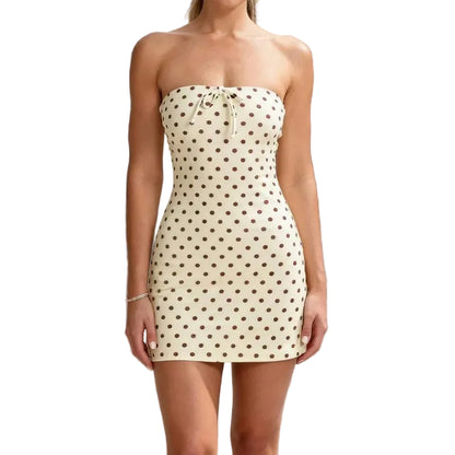 Strapless Polka Dot Mini Dress with Decorative Bow and Fitted Silhouette