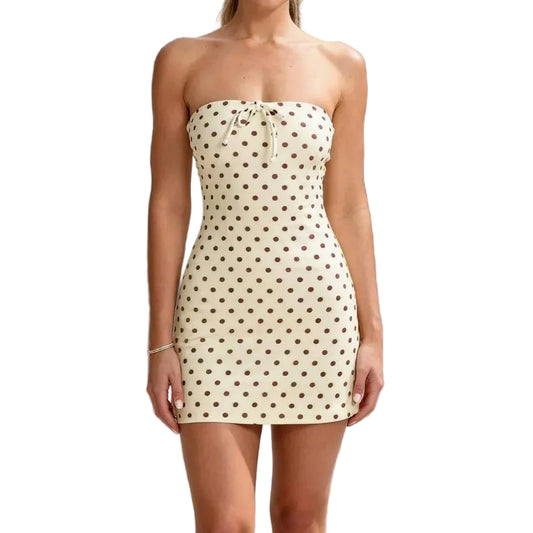 Strapless Polka Dot Mini Dress with Decorative Bow and Fitted Silhouette