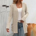 Women's Open Front Knit Cardigan with Pockets and Relaxed Longline Fit