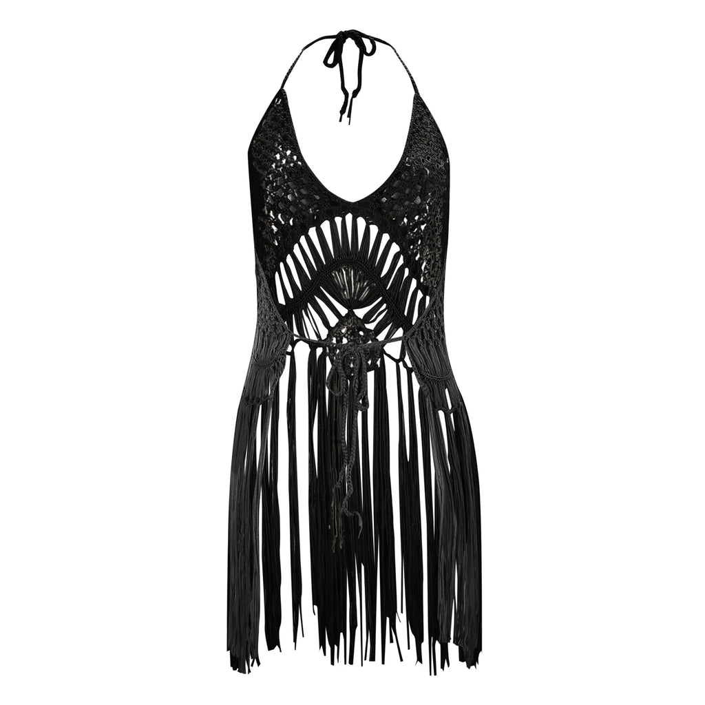 Bohemian Crochet-Look Deep V-Neck Cover-Up Top with Long Fringe Hem