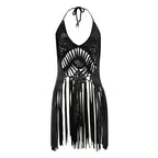 Bohemian Crochet-Look Deep V-Neck Cover-Up Top with Long Fringe Hem
