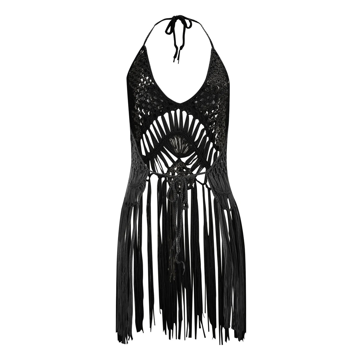 Bohemian Crochet-Look Deep V-Neck Cover-Up Top with Long Fringe Hem
