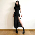 Hooded Bodycon Maxi Dress with Side Split and Lace Up Detail