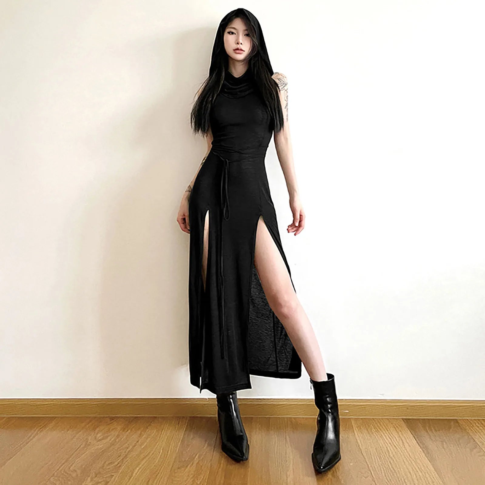 Hooded Bodycon Maxi Dress with Side Split and Lace Up Detail