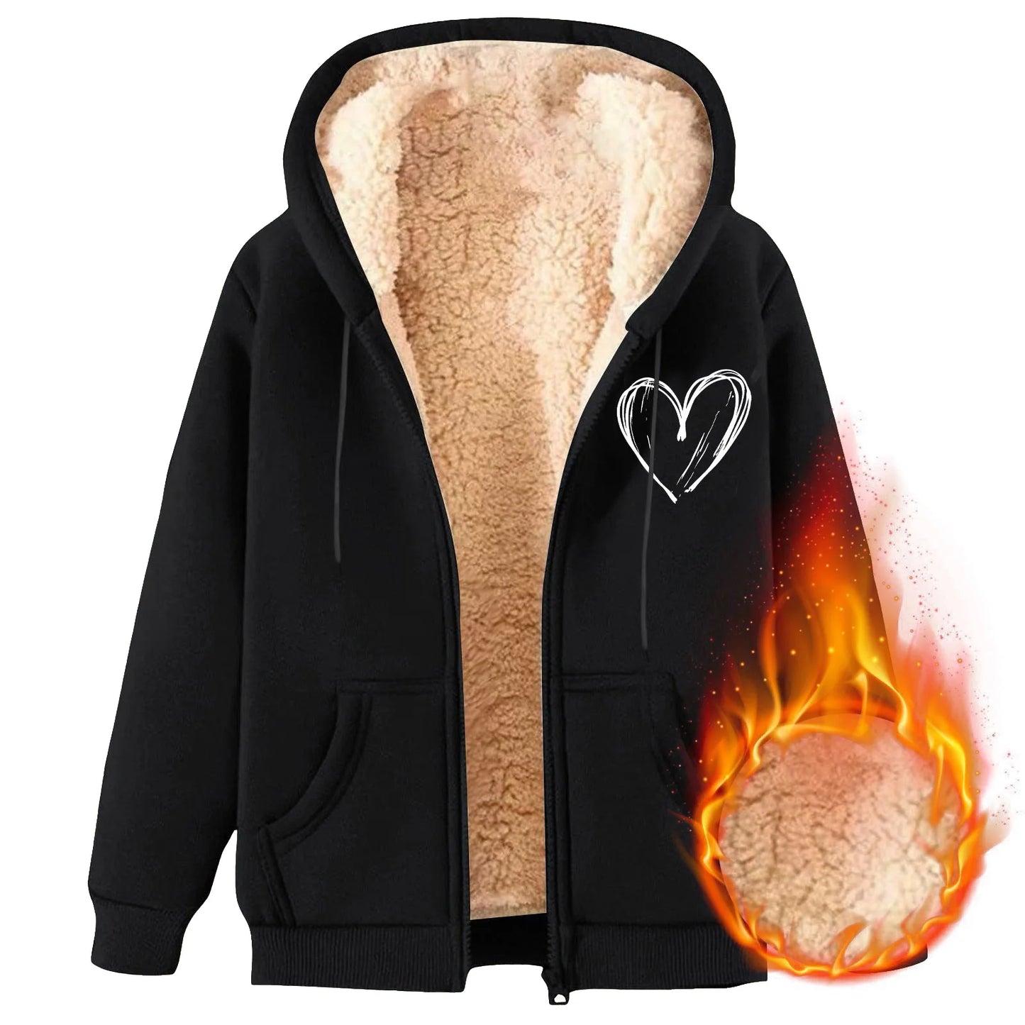 Women's Hooded Plush Fleece Zip Jacket with Heart Graphic Everyday Streetwear Style