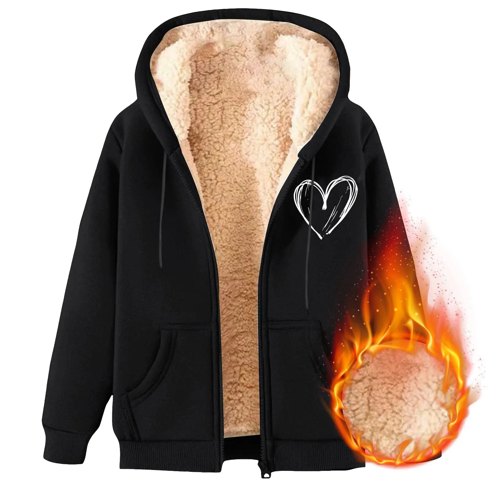 Women's Hooded Plush Fleece Zip Jacket with Heart Graphic Everyday Streetwear Style