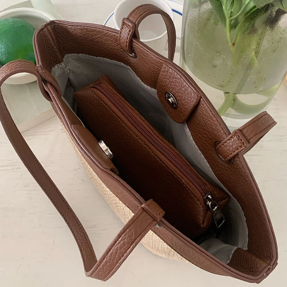 Handwoven Straw Style Tote Bag with Large Capacity Shoulder Carry Design