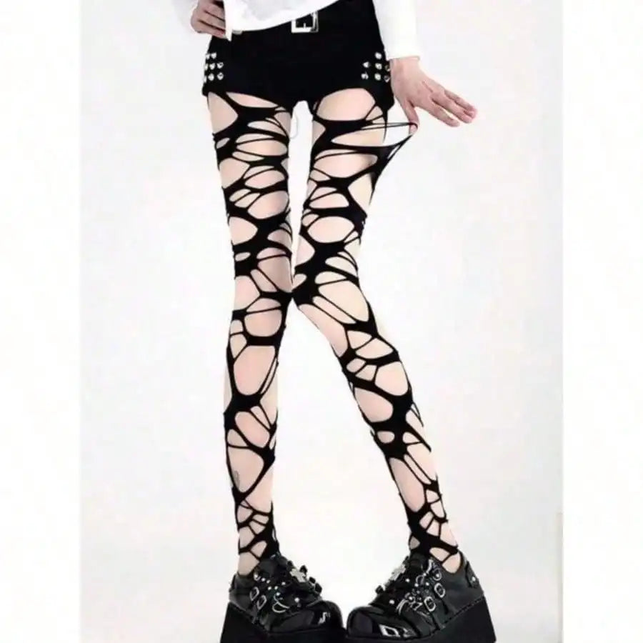 Distressed Cutout Fishnet Tights Gothic Punk Alternative Fashion Statement Hosiery