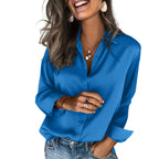 Classic Solid Black Satin-Finish Button-Down Blouse with Straight Silhouette