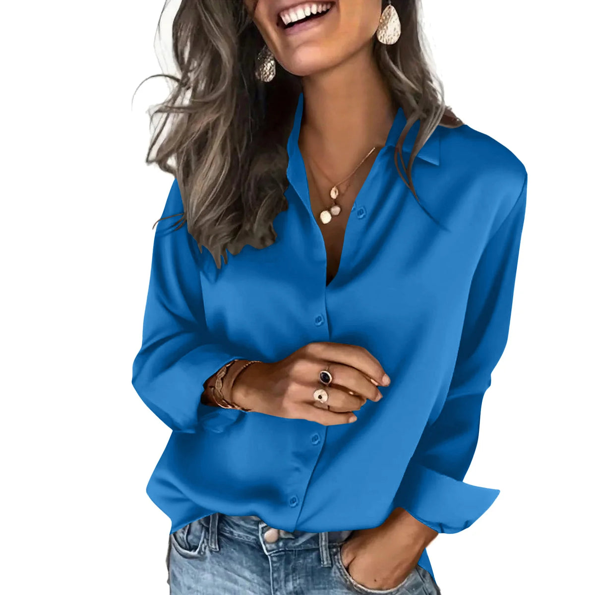 Classic Solid Black Satin-Finish Button-Down Blouse with Straight Silhouette